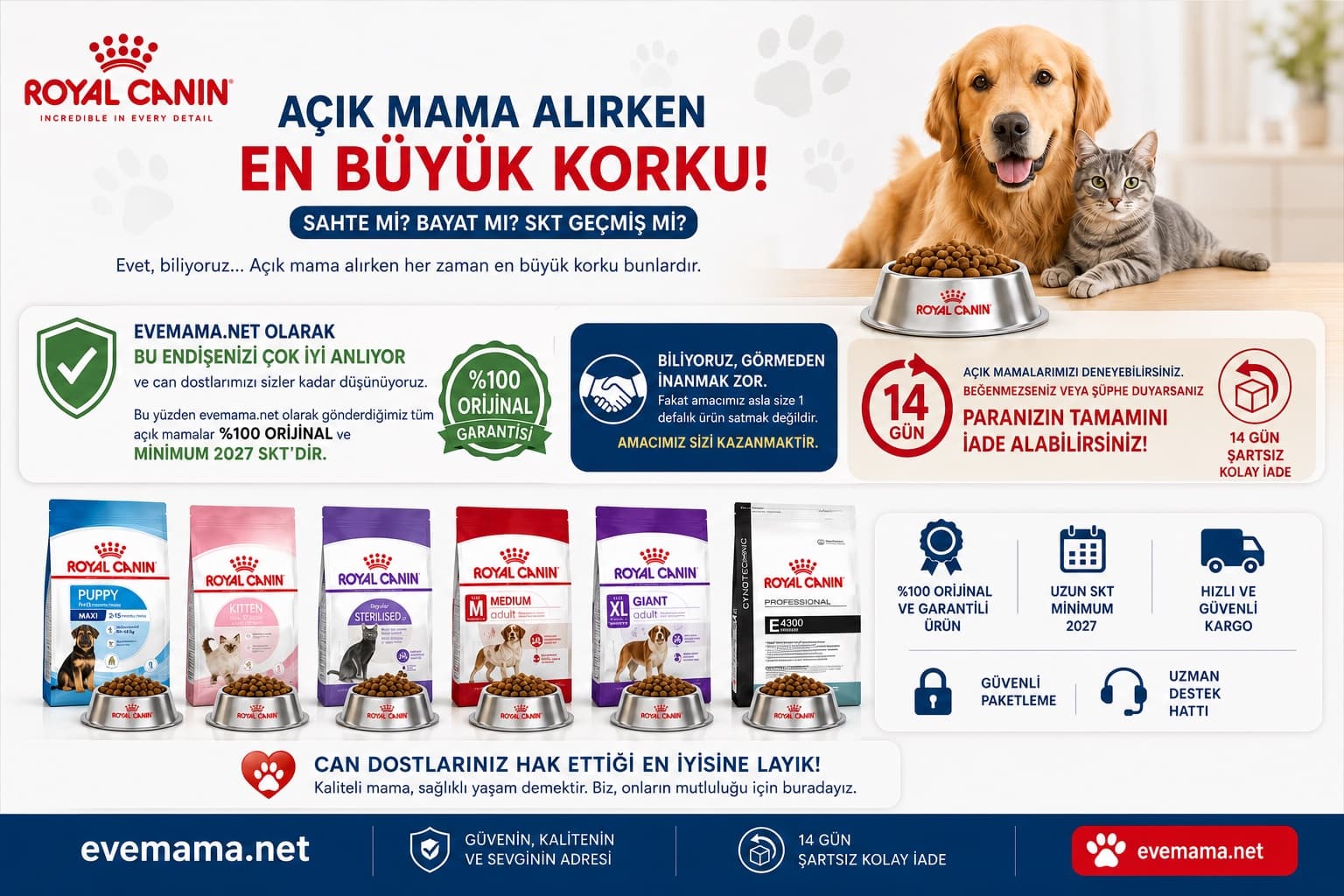 Açık mama alırken en büyük korku son buluyor — evemama.net'te tüm açık mamalar %100 orijinal ve minimum 2027 SKT'li, 14 gün şartsız iade